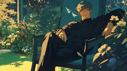 Fototapeta premium A male anime model sits in a luxurious fashion against a modern garden backdrop.