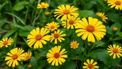Close-up of vibrant yellow marsh marigolds blooming in spring, lush green foliage backdrop,  natural, spring