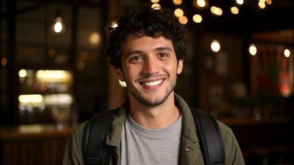 Obraz premium Smiling young man with backpack ready for adventure in warm, inviting space