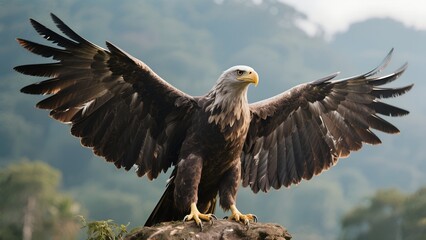 Obraz premium AI generated Majestic bald eagle perched with wings spread wide, showcasing strength and freedom. Perfect for nature, wildlife, or patriotic themes