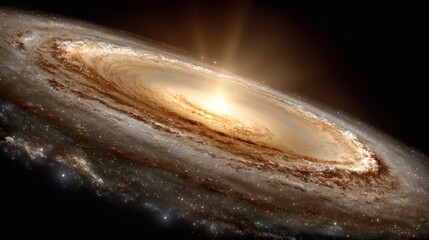 Bright Spiral Galaxy with Glowing Center and Dusty Arms in Deep Space