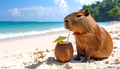 A capybara enjoys a tropical drink on a sandy beach