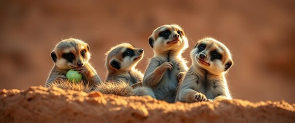 Meerkat family grooming and basking, close-up desert sun,  grooming,   sunbathing