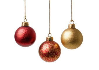 Three Christmas ornaments, red and gold, hanging (1)