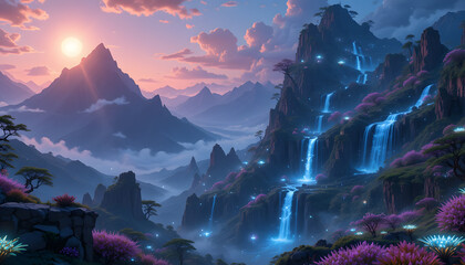 A breathtaking fantasy landscape featuring majestic mountains, glowing blue waterfalls cascading down, and vibrant purple flowers under a soft sunset sky.