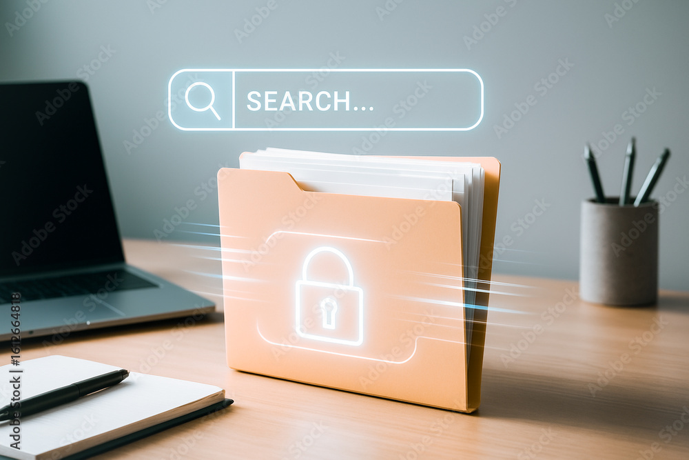 Poster data security and protection: a visual depiction of secure data, symbolized by a locked folder with 