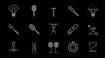 Fototapeta premium Collection of simple line art icons representing various sports and tools.