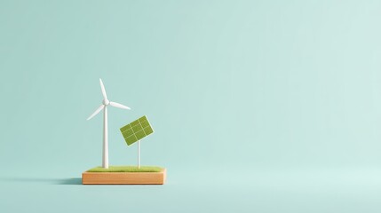 Renewable Energy Landscape with Solar Panels and Wind Turbines, Miniature wind turbine and solar panel model on a pastel background, representing renewable energy concepts.