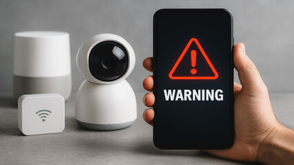 Smart Home Security Alert: An image highlighting home security using a smart home device with a displayed alert on a smartphone, emphasizing the significance of data protection and system security.