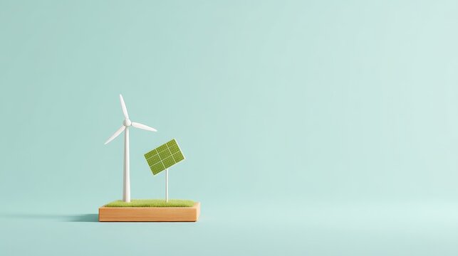 Renewable Energy Landscape with Solar Panels and Wind Turbines, Miniature wind turbine and solar panel model on a pastel background, representing renewable energy concepts.