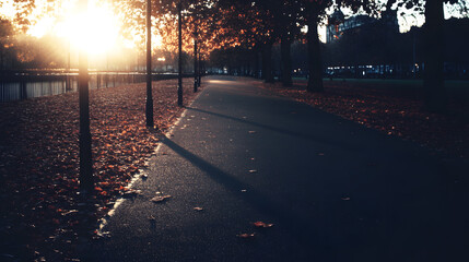 Sunlit Autumn Path with Fallen Leaves and Silhouetted Trees