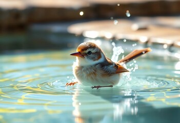 A small bird splashes joyfully in a sunlit pool, feathers ruffled, enjoying a cool bath,  bath,  vibrant
