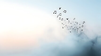 Musical Notes Floating in Air with Birds Against a Soft Pastel Sky Background