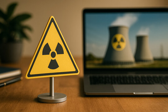 Nuclear Alert: A stark nuclear warning symbol stands prominently beside an open laptop displaying a nuclear power plant, underscoring the interplay between technology and environmental concerns. - Powered by Adobe