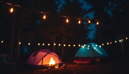 Twinkling string lights illuminating campsite at night, forest, spring