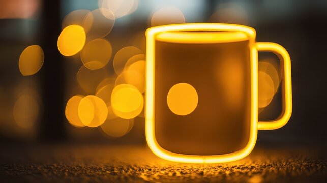 Neon sign of a coffee cup in warm yellow light.