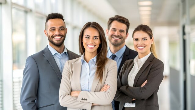 Successful business team smiling confidently in modern office environment