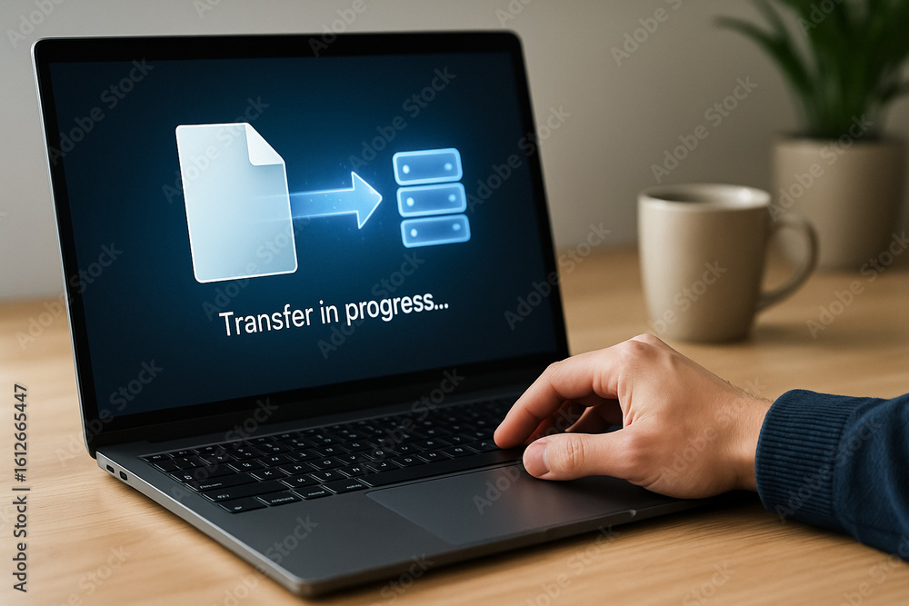 Poster data transfer: a close-up shot of a laptop screen displaying data transfer, a modern device that tra
