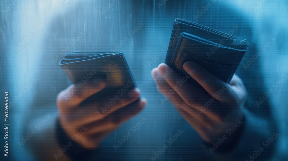 Poster shadowy figure exchanges digital wallets in a transaction, emphasizing hands under a clear upper zon