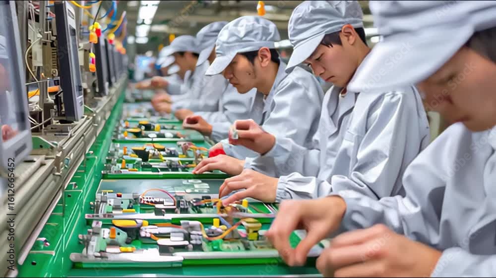 Poster a group of workers in a factory assembling electronic components on green circuit boards.