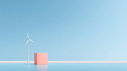 Renewable Energy Landscape with Solar Panels and Wind Turbines, Minimalist landscape featuring a wind turbine and a pink cube by calm waters under a blue sky.