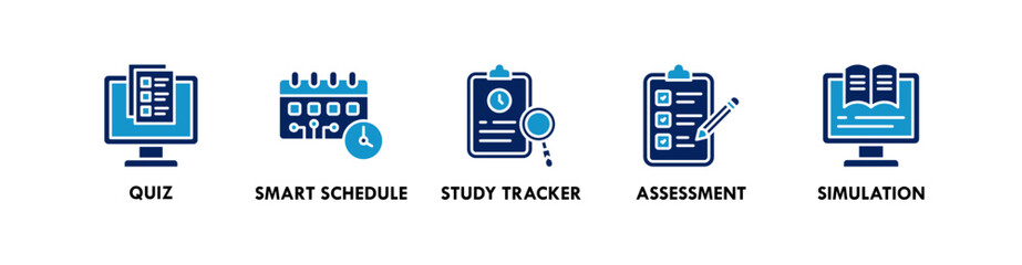 AI in Education banner web icon illustration concept with icon of quiz, smart schedule, study tracker, assessment, and simulation