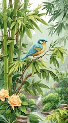 Bird in Monsoon Skies A colorful bird perched near lush bamboo. Rainy Season Wildlife Motion Emotional Nature in Rain