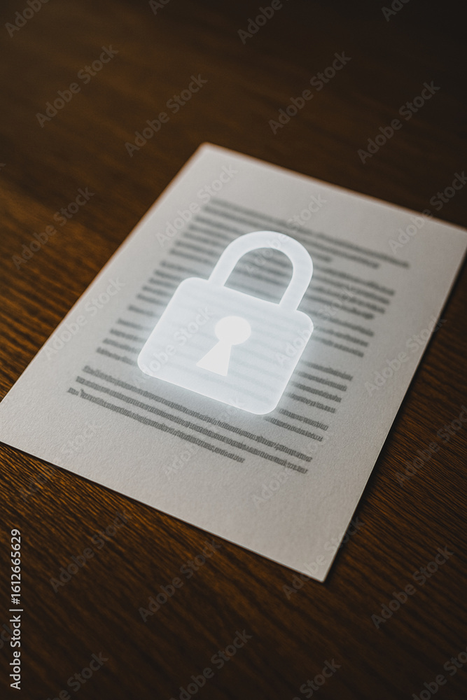 Poster secure document: a document rests on a wood table, illuminated with an illuminated padlock symbol, h