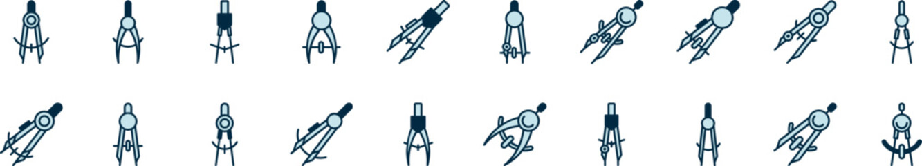 Collection of Filled Color Icons of Blue Compass. Minimalistic Linear Pictogram for Web and Graphic Design, Apps, Banners, Social Network and Cards