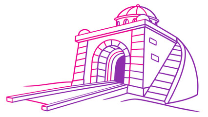 Illustration of a building with an arched entrance and a dome roof in pink and purple gradient