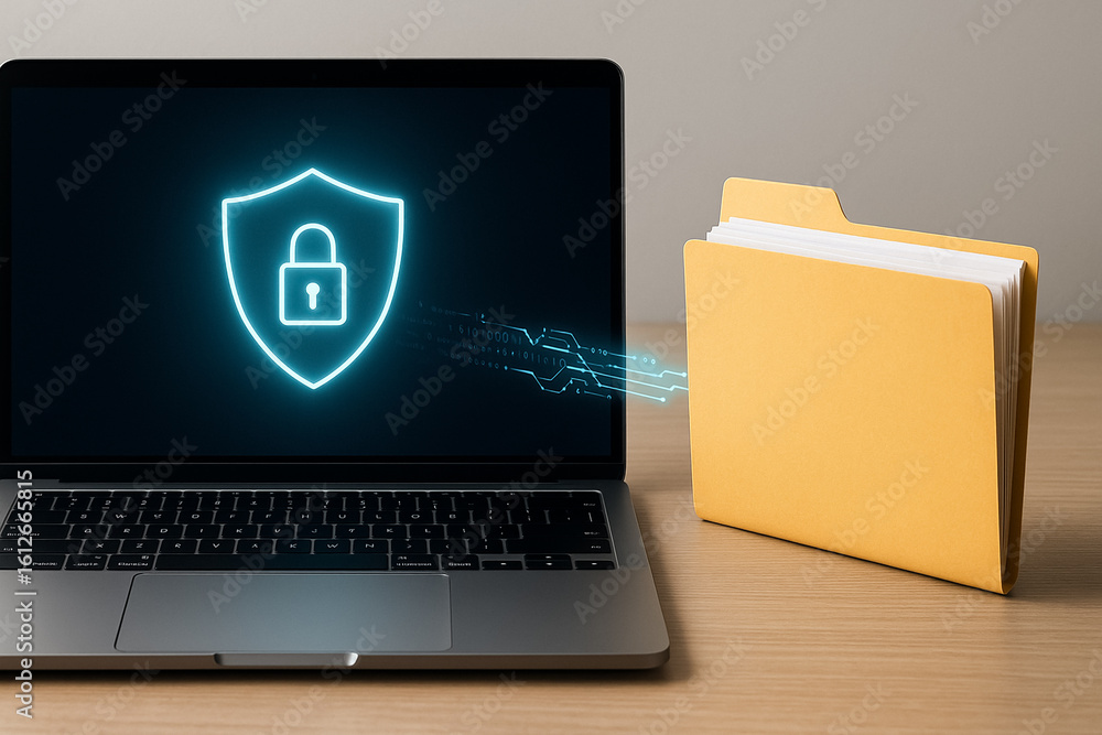 Poster cybersecurity & secure data transfer: a laptop displays a glowing shield with a lock, symbolizing ro