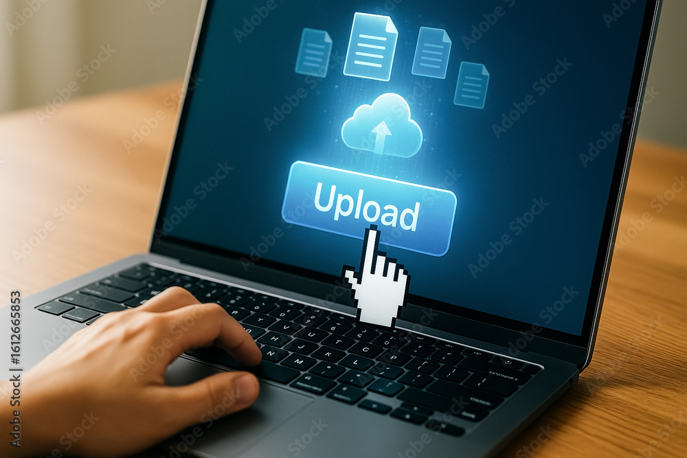 Poster uploading files: a person's hand clicks an upload button on a laptop screen, highlighting the cloud 