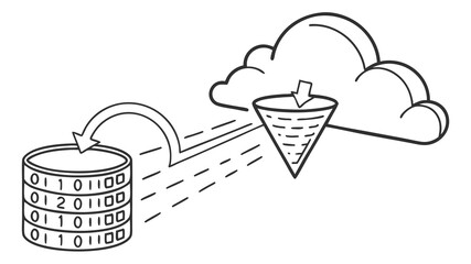 Data transfer from database to cloud through a funnel with arrow showing data flow and transformation