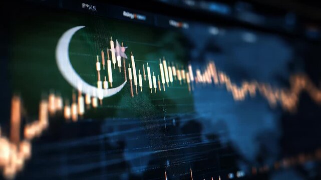 Pakistani flag with a stock market chart background, showcasing financial news and analysis on a digital screen.