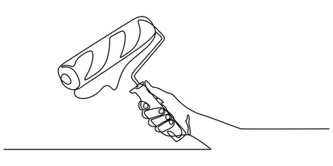 Continuous single line of hand holding painting brush for paint art artist tool equipment concept sketch drawing editable stroke vector illustration, hand holding a paintbrush with tip touching pro.