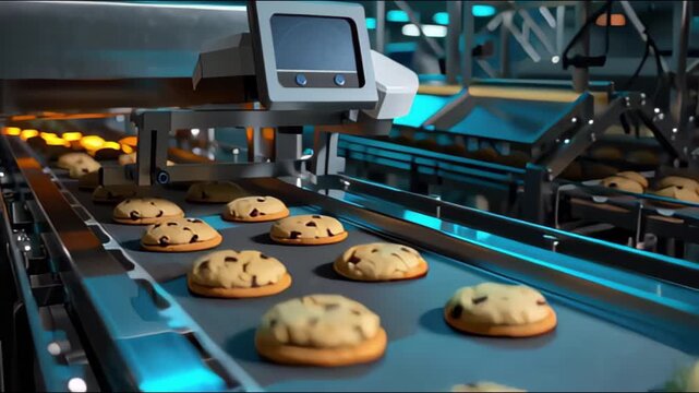 A conveyor belt in a factory showcasing chocolate chip cookies being processed and packaged.