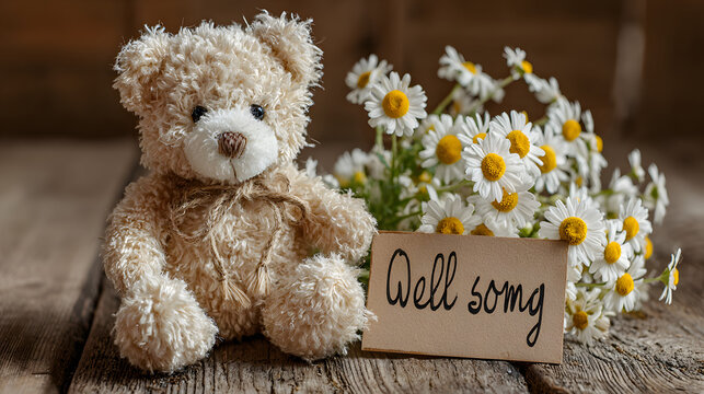 A thoughtful get well soon message with a teddy bear and daisies
