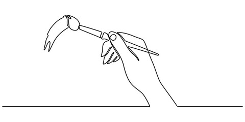Continuous single line of hand holding painting brush for paint art artist tool equipment concept sketch drawing editable stroke vector illustration, hand holding a paintbrush with tip touching pro.
