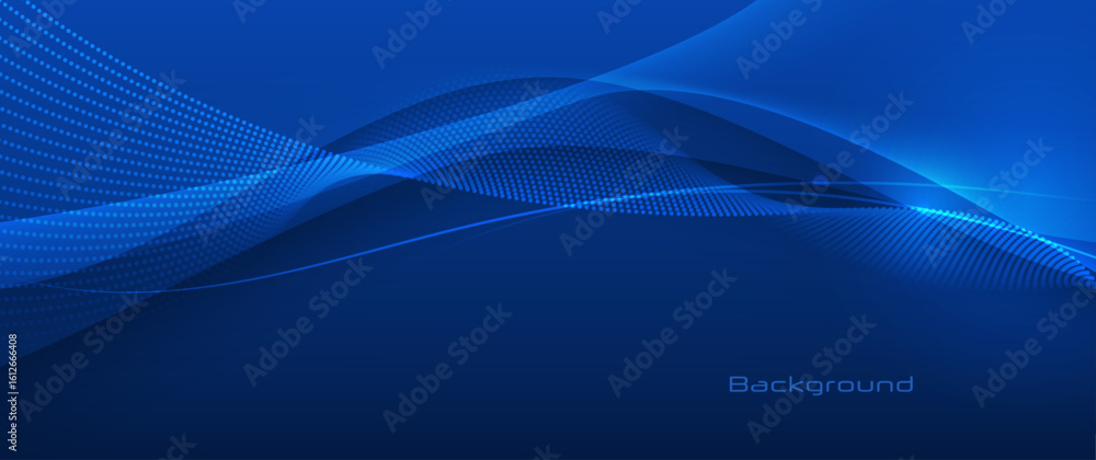 Poster vector abstract flowing wave line, particle dot pattern, neon light on dark blue gradient background
