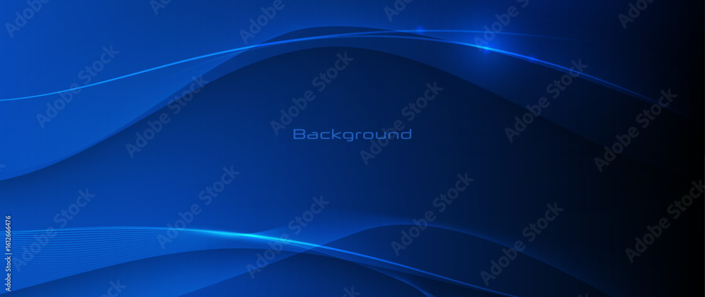 Poster vector abstract flowing wave line, particle dot pattern, neon light on dark blue gradient background