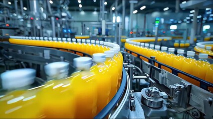 A production line with bottles of orange juice moving along a conveyor belt in a factory setting.