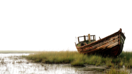 Abandoned Boat in Marsh background isolated on a Transparent background, PNG file.
