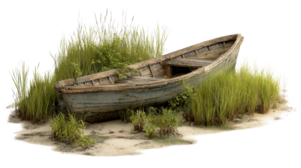 Abandoned Boat in Marsh background isolated on a Transparent background, PNG file.