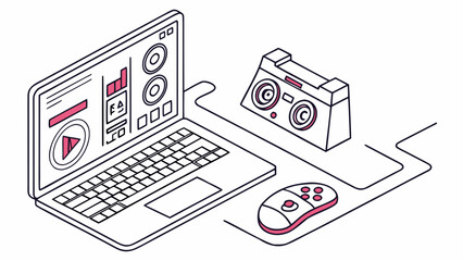 Isometric view of a laptop with music software connected to speakers and a game controller nearby