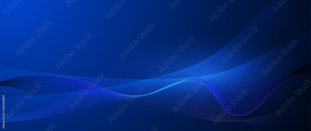Poster vector abstract flowing wave line, particle dot pattern, neon light on dark blue gradient background