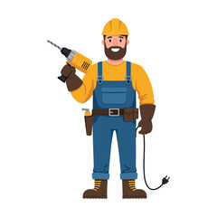 A construction worker wearing a helmet drills into a concrete wall