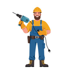 A construction worker wearing a helmet drills into a concrete wall