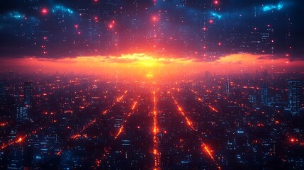 Obraz premium Futuristic city sunset aerial view background illustration