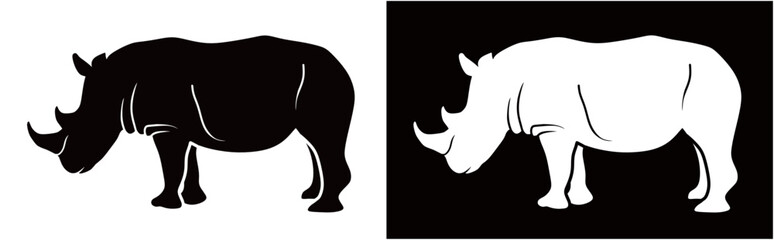 silhouette of a rhinoceros isolated on a black and white background. wild animal concept in africa