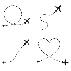 Line path vector icons of air plane 
flight routes with start point 
